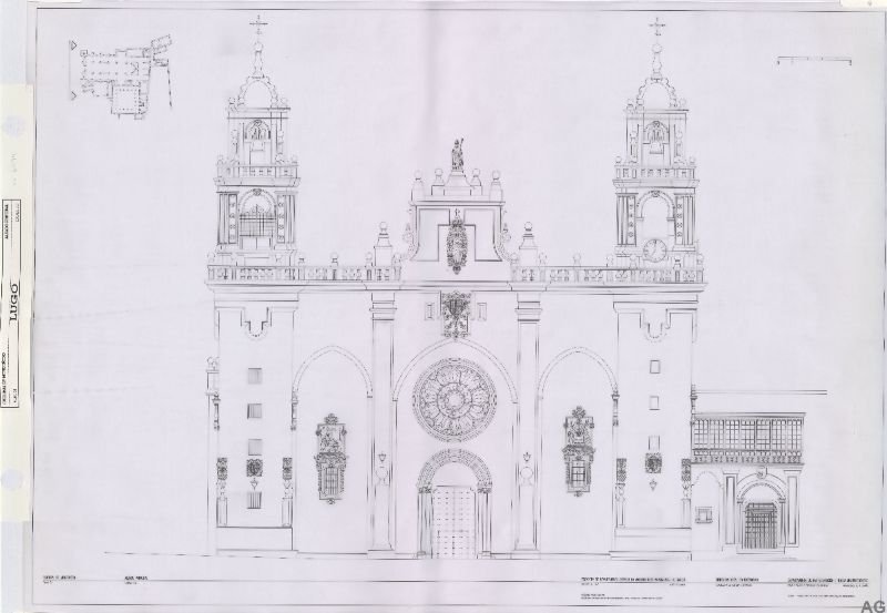 Plano do alzado principal da catedral de Mondoñedo