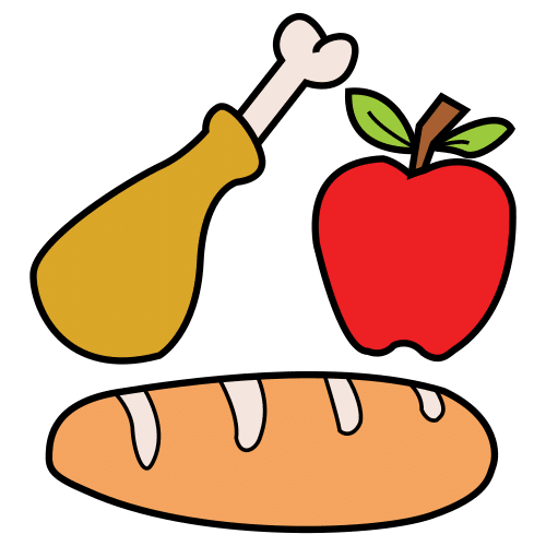 Imagen no relevante para la comprensión del texto. Aparece un pictograma de una barra de pan, un muslo de pollo y una manzana
