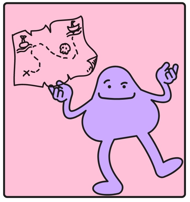 Imagen no relevante para la comprensión del texto. Monigote de color morado con un mapa del tesoro que nos va a servir para identificar cuando estemos trabajando en la fase 3 del reto