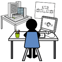 Taller de arquitectura. Monigote diseñando con un ordenador y una tableta gráfica