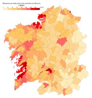Mapa de densidad poblacional de Galicia de 2018