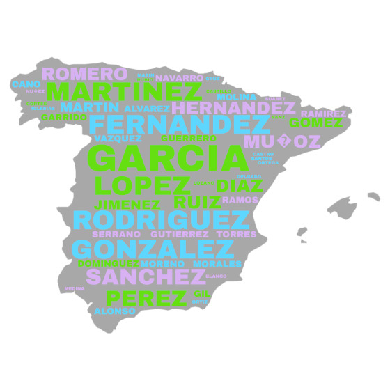 Nube de palabras con forma de mapa de España con apellidos