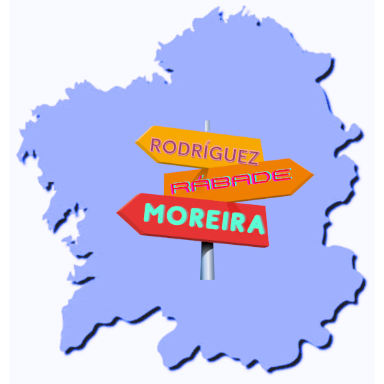 Imagen no relevante para la comprensión del texto. Silueta del mapa de Galicia en el que en el centro hay una señal que apunta en varias direcciones y lo que pone en vez de lugares son apellidos
