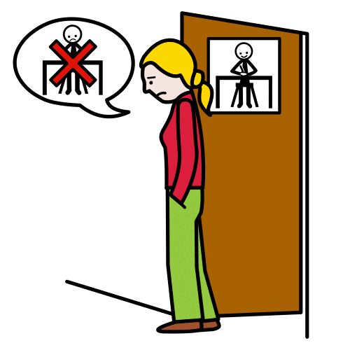 Imagen no relevante para la comprensión del texto. Mujer triste que sale de una sala en la que hay un monigote sentado a una mesa y ella tiene un bocadillo con ese icono del monigote tachado