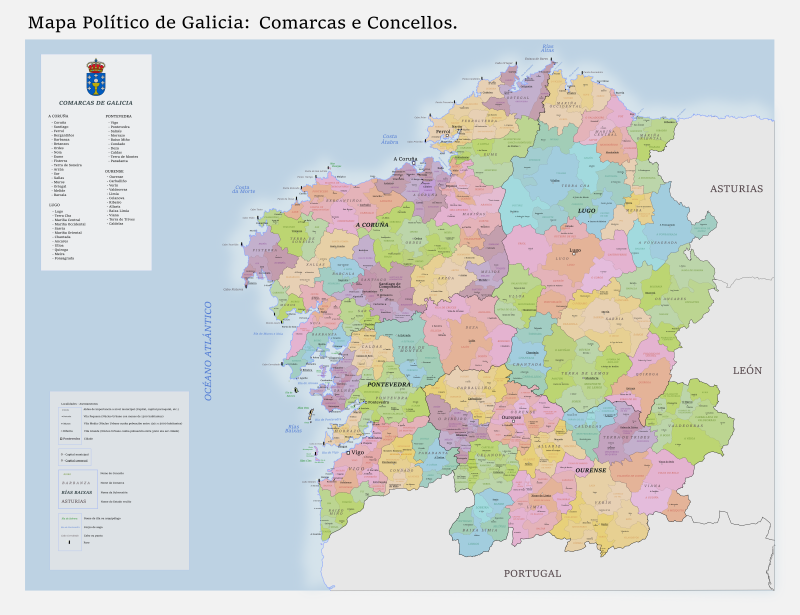 Imagen no relevante para la comprensión del texto. Mapa de Galicia en el que se marcan con colores las comarcas y cada comarca se ve con unas divisiones que son los concellos
