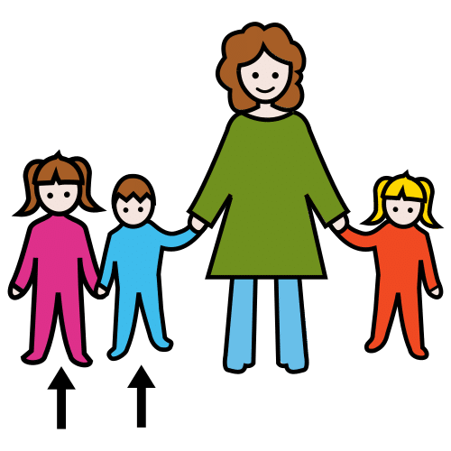 Imagen no relevante para la comprensión del texto. Mujer adulta que lleva de la mano a dos niñas y un niño