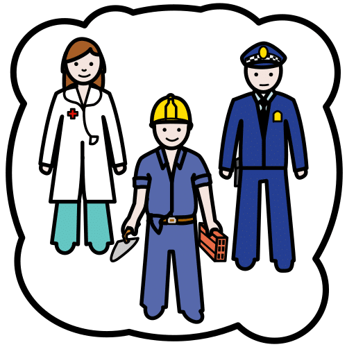 Nube en la que aparece una mujer con uniforme de doctora, un hombre con uniforme de albañil y otro hombre con uniforme de policía