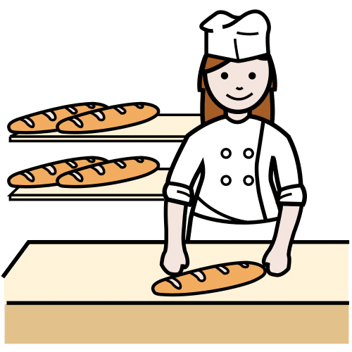 Imagen no relevante para la comprensión del texto. Mujer con ropa de trabajo y con varias barras de pan alrededor