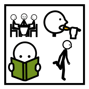 Imagen no relevante para la comprensión del texto. Arriba a la izquierda tres monigotes en una mesa, arriba a la derecha un monigote llevándose algo a la boca, abajo a la izquierda un monigote leyendo y abajo a la derecha un monigote corriendo