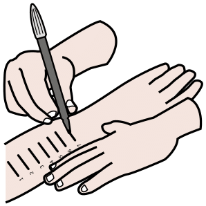 Imagen no relevante para la comprensión del texto. Dos manos y un guante sobre el que se hacen unas marcas