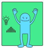 Imagen no relevante para la comprensión del texto. Muñeco azul con bombilla y diagrama de barras asociado al reto 2