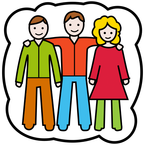 Pictograma que representa a tres persoas abrazadas como amigas