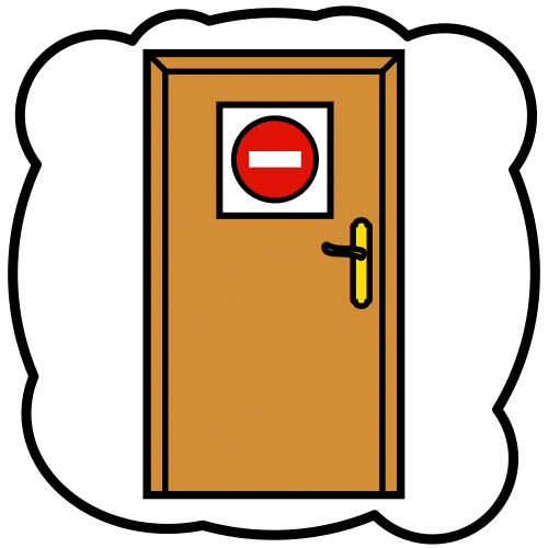 Debuxo que mostra unha porta cun cartel de prohibido o paso. Significa privacidade.
