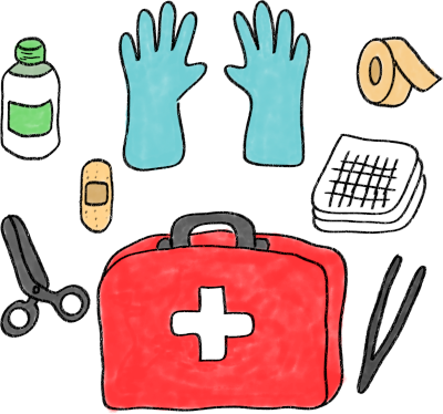 Caixa de urxencias Ilustración que amosa o contido dunha caixa de urxencias básica.