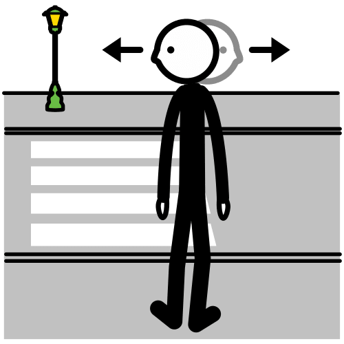 Pictograma que representa a acción de mirar ben antes de cruzar a rúa