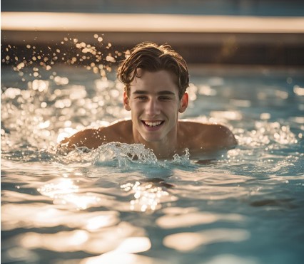 Imaxe realista dun adolescente practicando natación