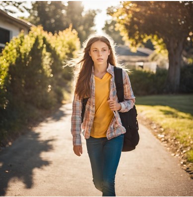 Imaxe realista dunha moza camiñando a paso lixeiro
