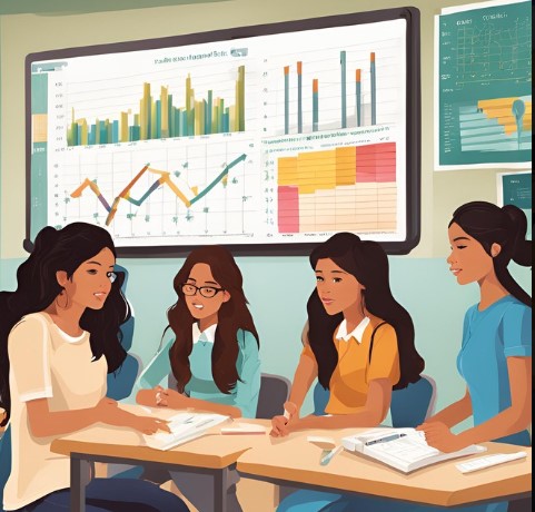 Ilustración dun grupo de adolescentes analizando estatísticas