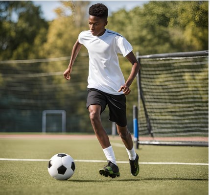 Imaxe realista dun adolescente entrenando ao fútbol