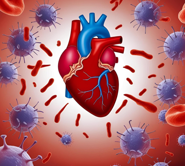 Ilustración dun corazón sendo atacado por glóbulos brancos