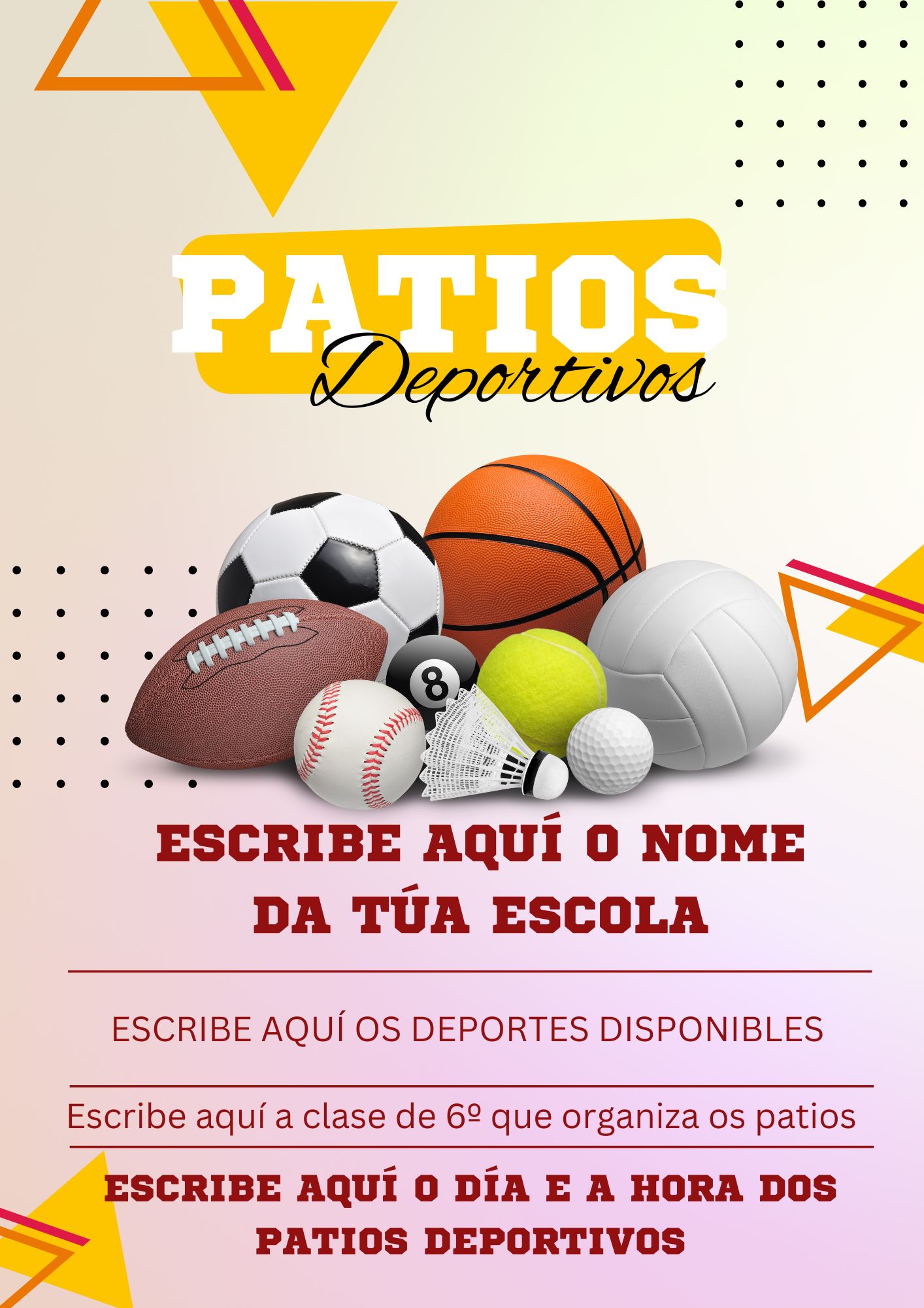 Imaxe coa guía para cubrir o panfleto promocional de patios deportivos cos datos de cada centro educativo