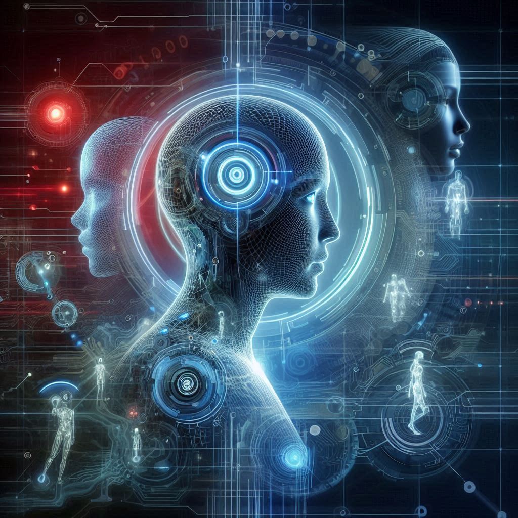 Ilustración futurista sobre a cooperación entre persoa e IA