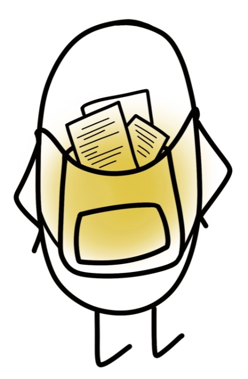 Nos organizamos Persona vista desde arriba con una mochila amarilla abierta que contiene varios papeles o documentos. Dibujo de estilo simple y caricaturesco.