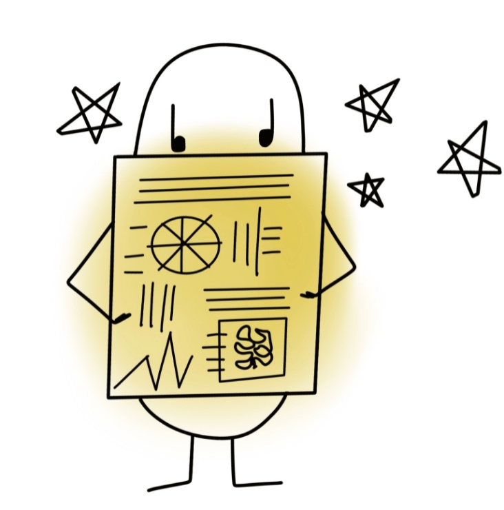 Persona de pie vista de frente observando un periódico.Dibujo de estilo simple y caricaturesco.