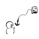 Dibujo en blanco y negro, simple, de una persona y un ancla que sale de un periódico.