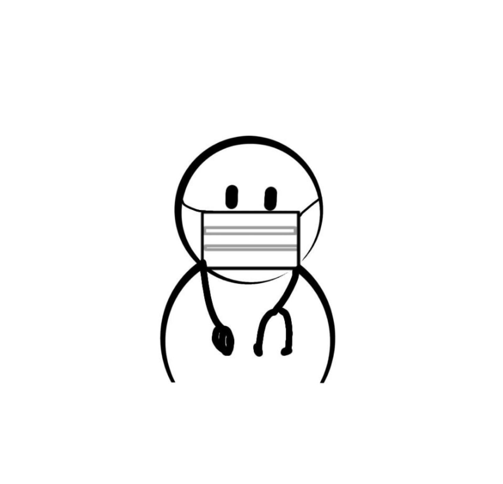 Dibujo en blanco y negro, simple, de una persona con mascarilla y fonendoscopio.