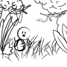 Dibujo en blanco y negro, simple, de una persona en medio de la selva.