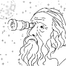 Dibujo en blanco y negro de la cabeza de Galileo Galilei, mirando por un catalejo.