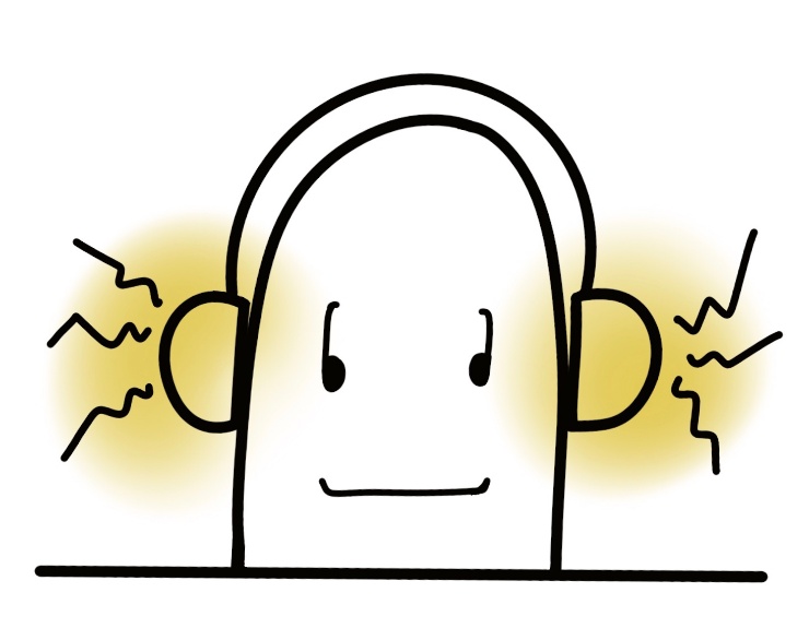 Persona con auriculares amarillos. Dibujo de estilo simple y caricaturesco.