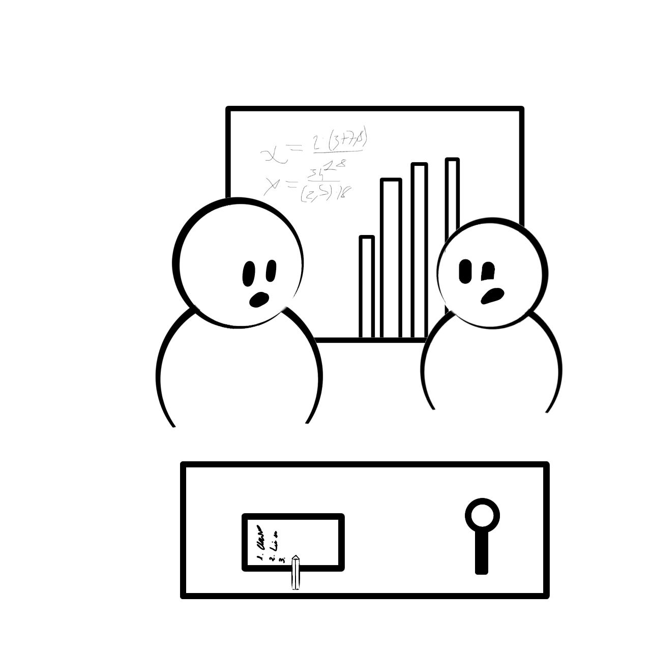Imagen que muestra a un dibujo de dos personas observando una gráfica. Dibujo de estilo simple.