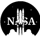 Dibujo en blanco y negro que muestra el despeque de un transbordador, con un fondo negro con estrellas; respresenta la letra A de la palabra Nasa