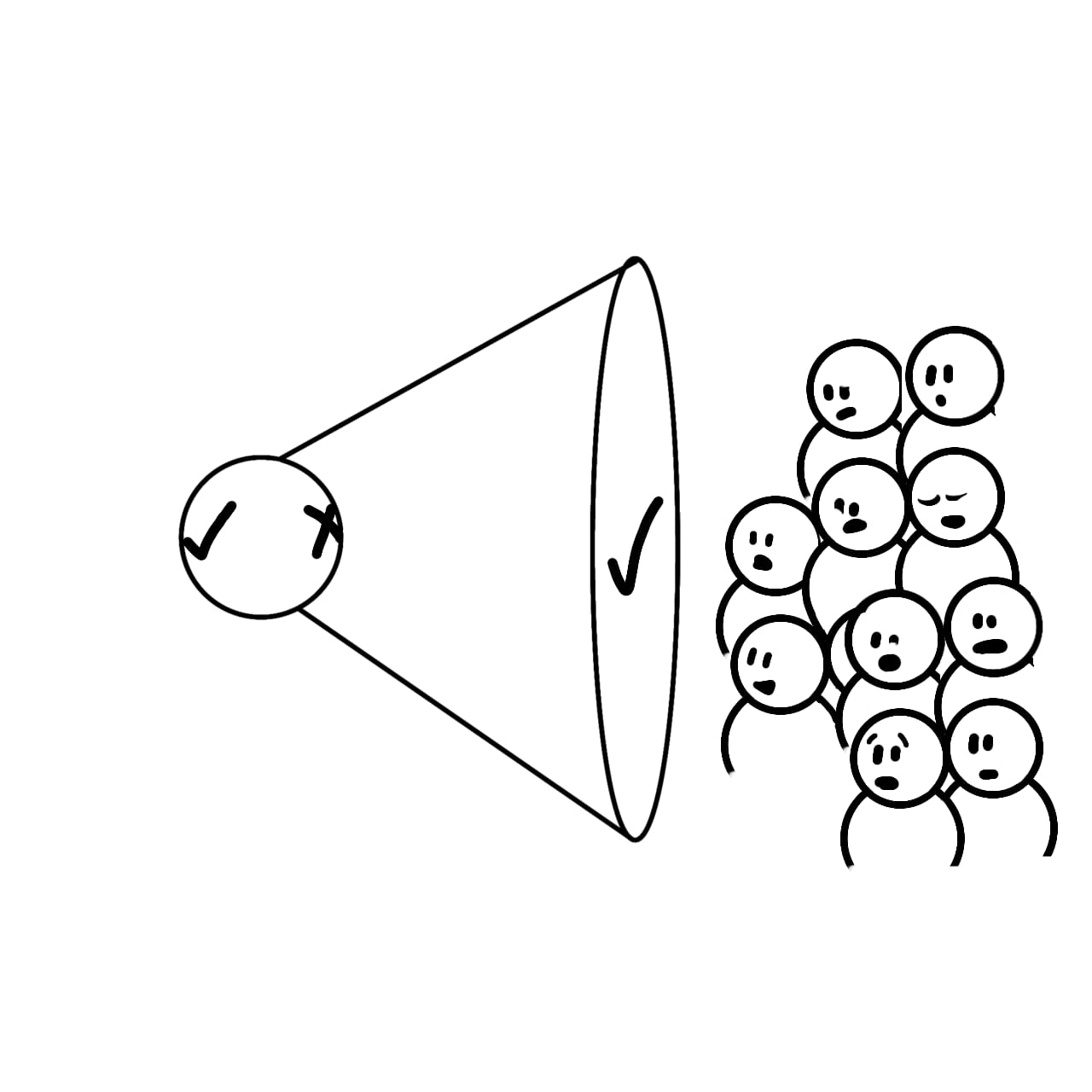 Dibujo de un megáfono con un símbolo de verificación en su interior y dirigido a un grupo de personas. Dibujo de estilo simple.