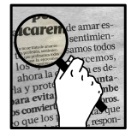 Dibujo en blanco y negro, simple, de una mano con una lupa leyendo un texto.