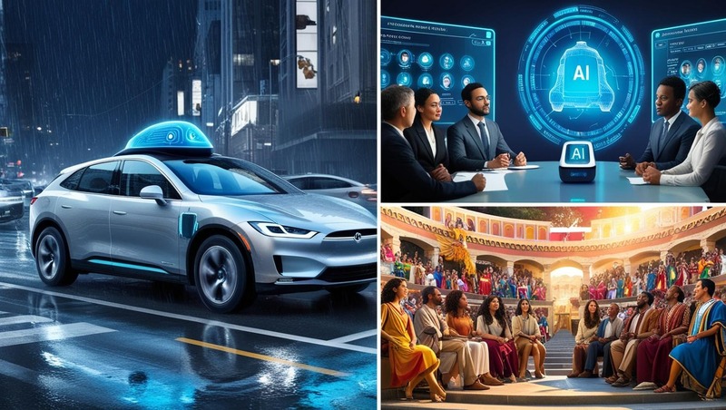 Composición cunha IA pilotando un automóvil, unha selección de persoal e unha representación teatral grega