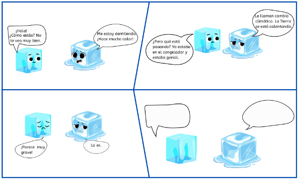 Viñetas en las que se recoge una conversación incompleta entre dos cubitos de hielo