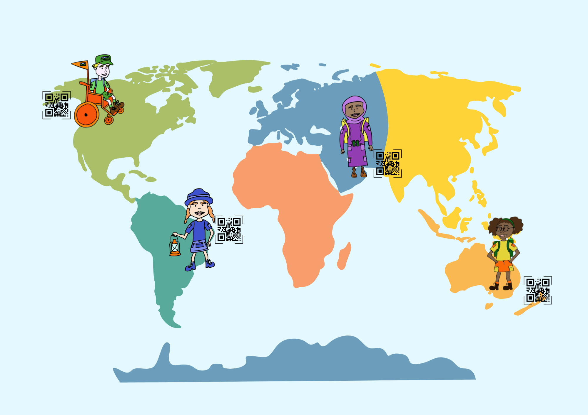 Imagen de las personas guardianas de palabras con un mapa del Mundo de fondo