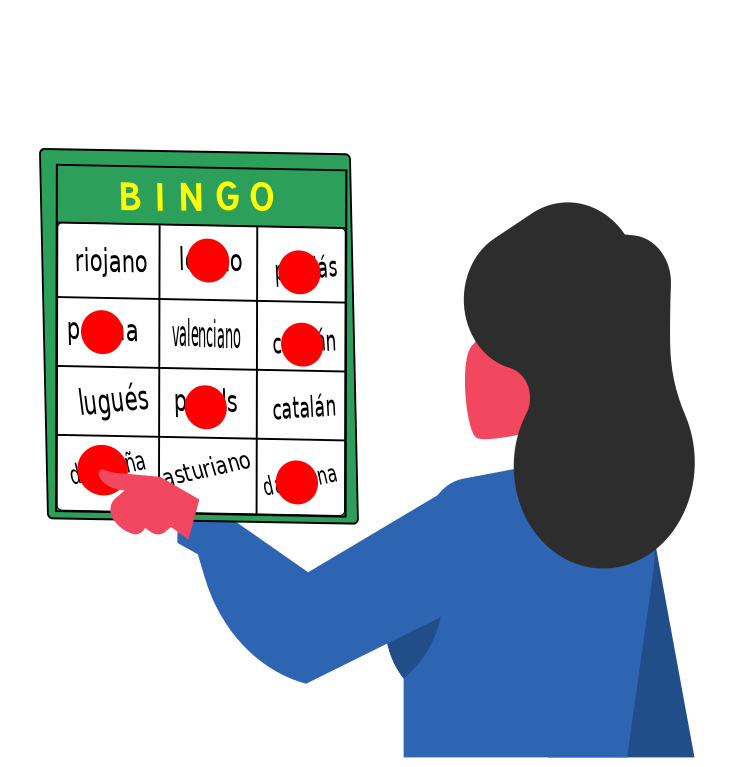 Chica cubriendo un tablón de bingo de gentilicios