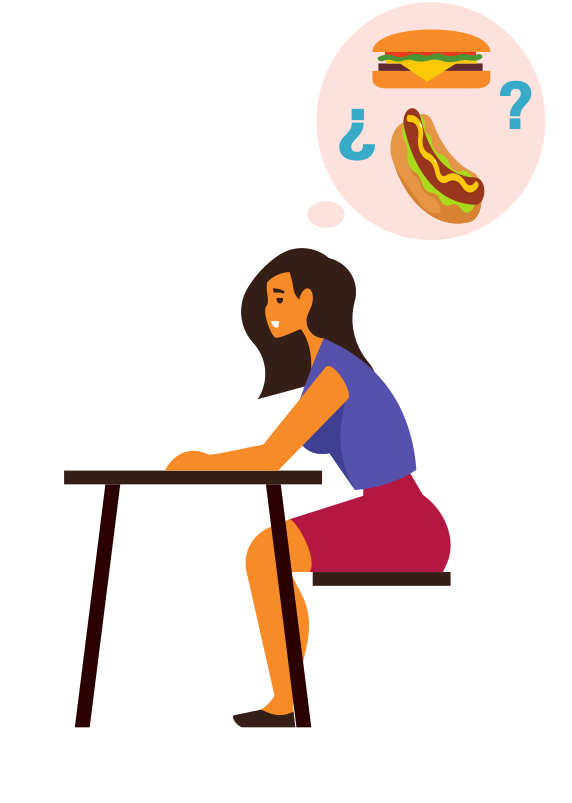 Chica con un bocadillo que tiene pregunta con imagen de comida rápida