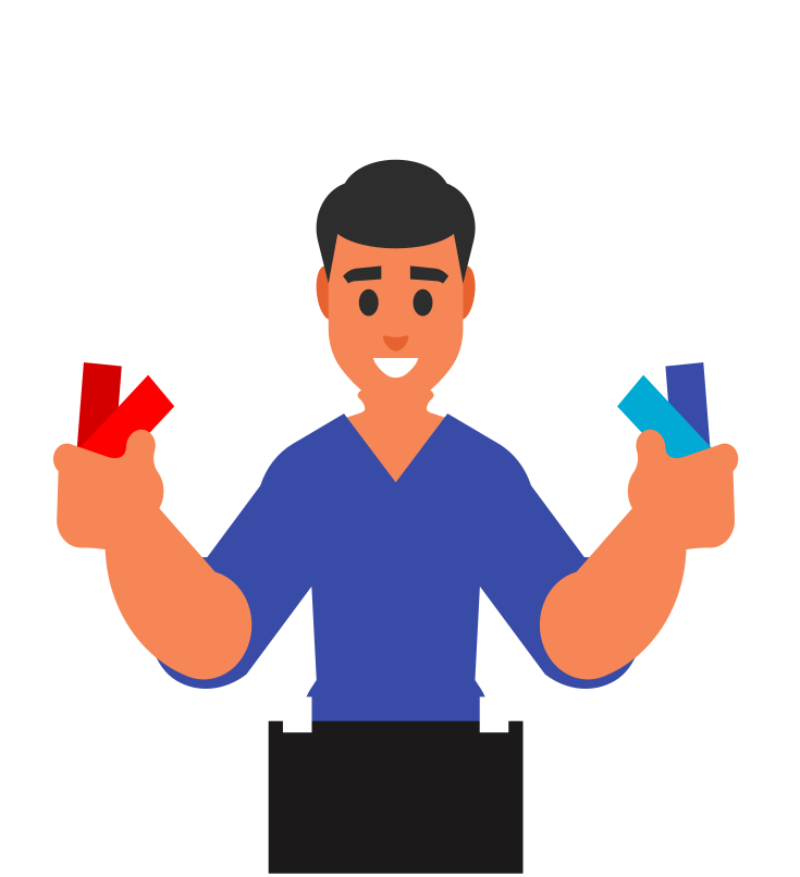 Chico con dos palos azules y dos rojos de diferente tonalidad en cada mano