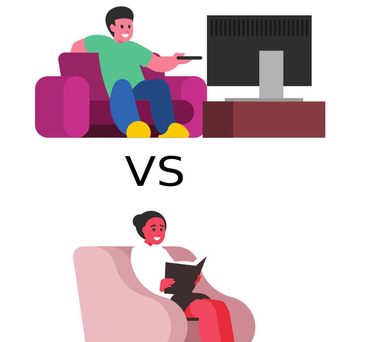 Chico sentado en el sofá viendo la televisión y una chica leyendo