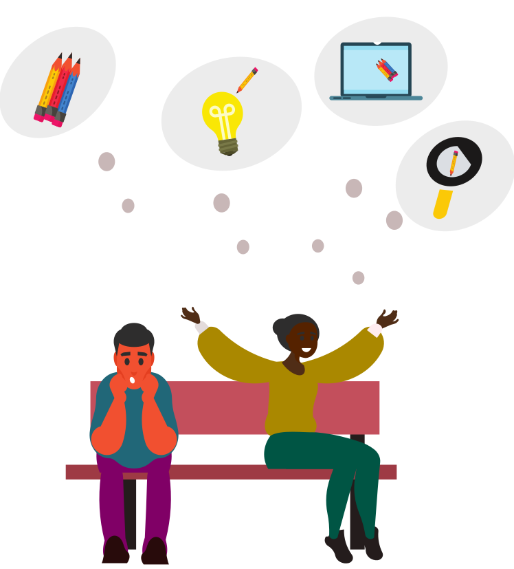 Chica y chico sentados en un banco pensano en que elegir