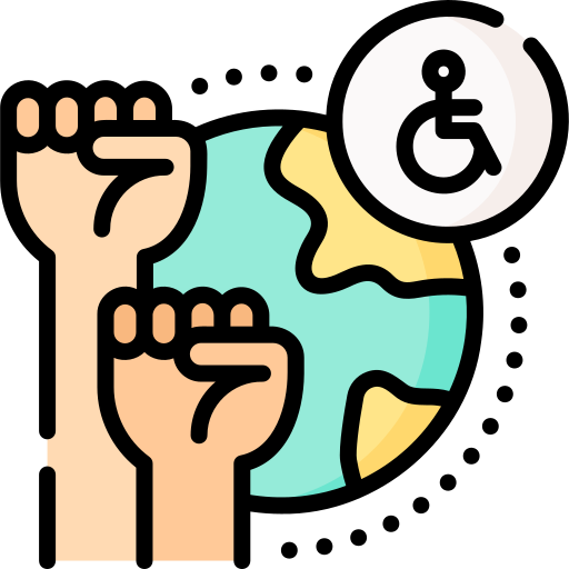 El mundo con dos manos levantadas y un símbolo con una persona en silla de ruedas