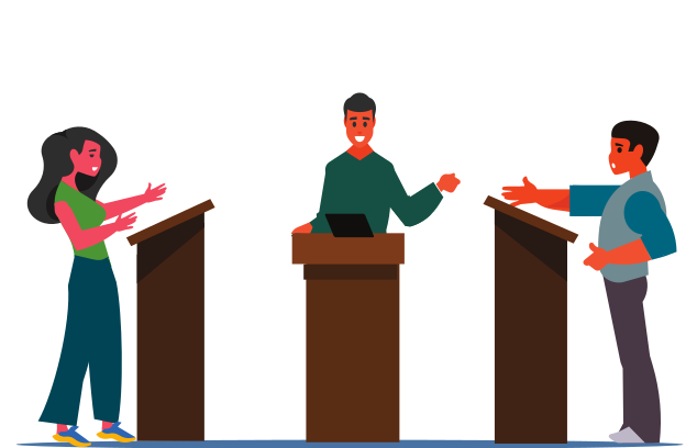Dos personas debatiendo con un moderador