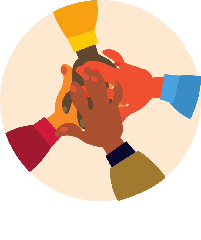 Manos de diferentes personas unidas en el centro