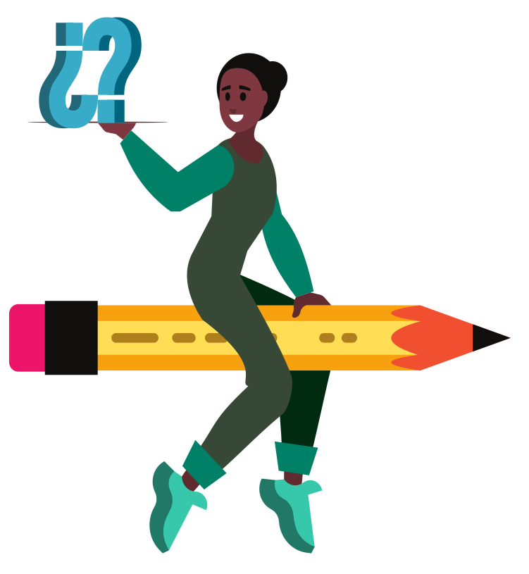 Chica encima de lápiz haciéndose preguntas