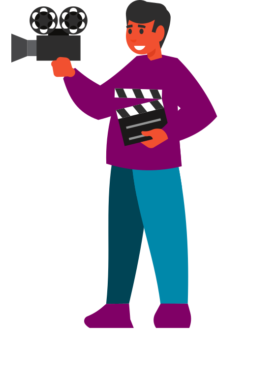 Un chicho sostiene una cámara y una claqueta